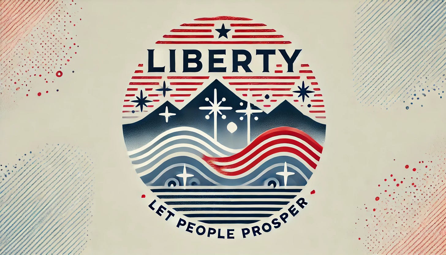 Create a minimalist landscape graphic for the word 'Liberty' with a clean, modern, and patriotic design inspired by the theme 'Let People Prosper.' Use bold, simple typography for 'Liberty' in red, white, and blue. Incorporate abstract, uplifting elements like stars or waves, avoiding complex imagery like mountains or clutter. Focus on a design that emphasizes simplicity, freedom, and prosperity.