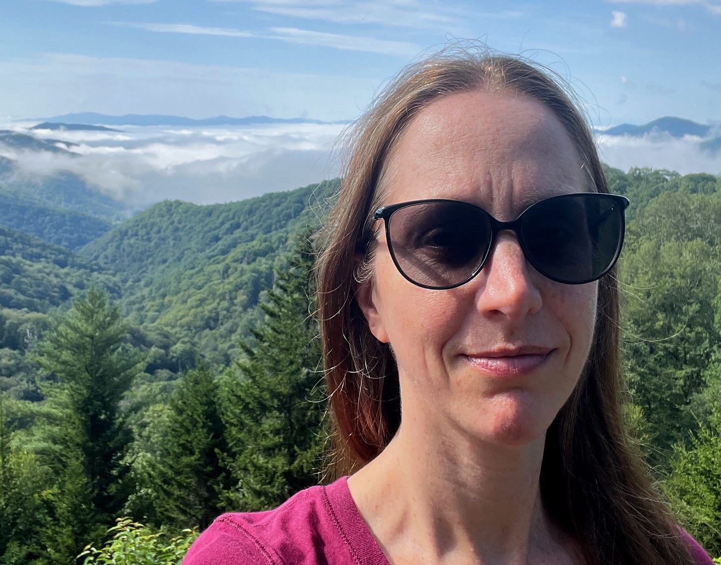 Author Sarah Zachrich Jeng takes a selfie at an overlook in Nantahala National Forest in North Carolina