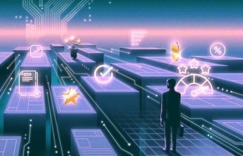 a graphic of a man standing in a digital city a graphic of a man standing in a digital city
