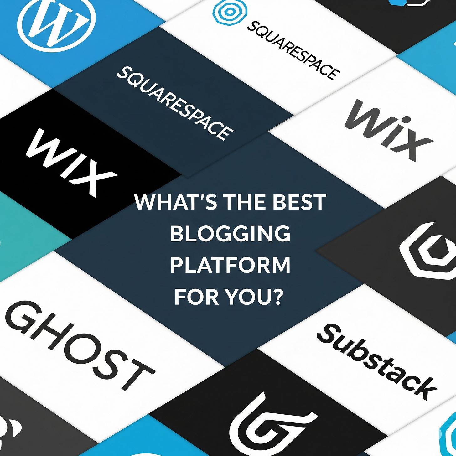 A collage showcasing the logos of various WordPress alternatives like Squarespace, Wix, Ghost, and Substack, surrounding the central question "What's the best blogging platform for you?"