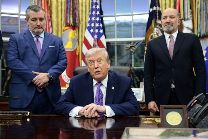 President Trump with Sen. Ted Cruz and Commerce Secretary Howard Lutnick on Thursday in the Oval Office at the White House