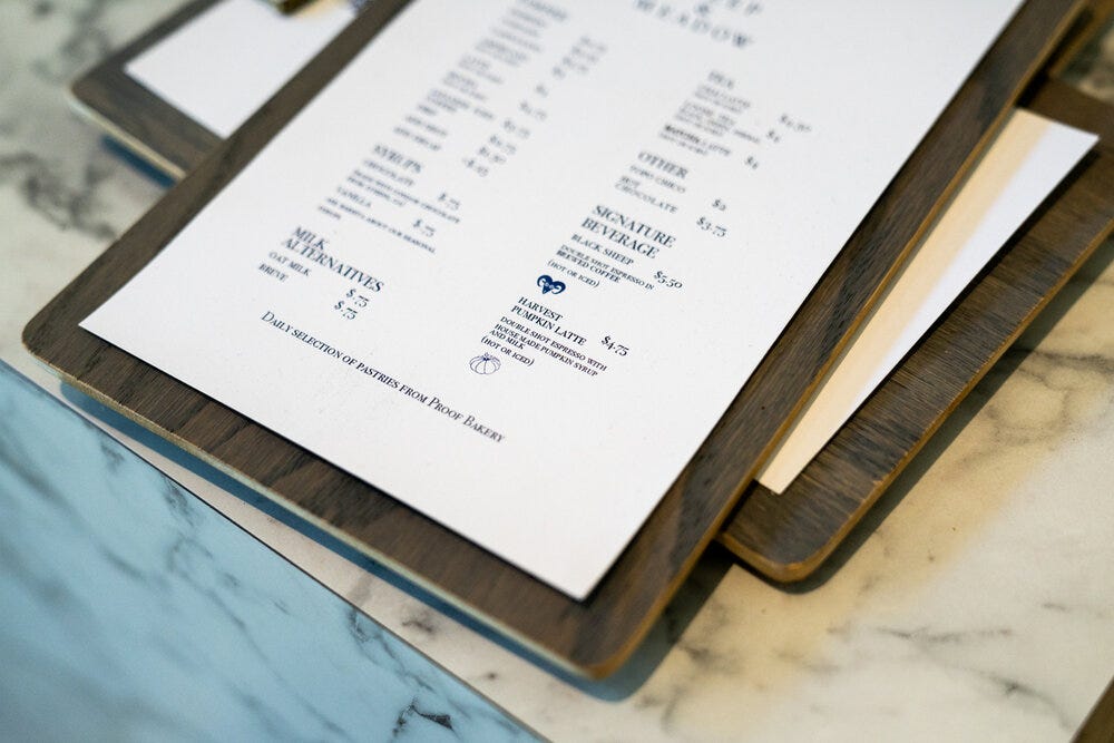 Detail of the menu at Sheep &amp; Meadow. The fall seasonal drink is the Harvest Pumpkin Latte.