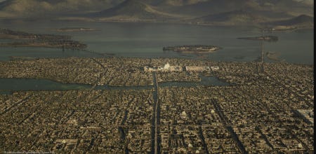 La ville de Tenochtitlan reconstituée par ordinateur, témoignant d'une organisation en grille et pâtés de maisons