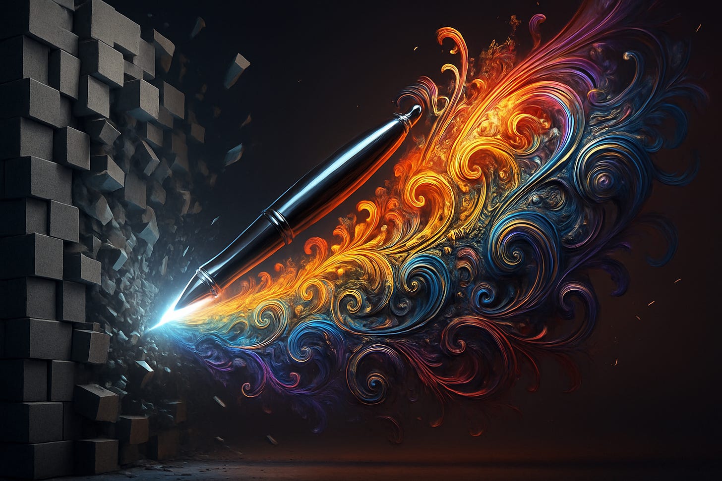 An abstract image representing creative freedom, with vibrant colors and artistic shapes breaking through a grey, pixelated barrier, symbolizing the power of uncensored AI image generators.