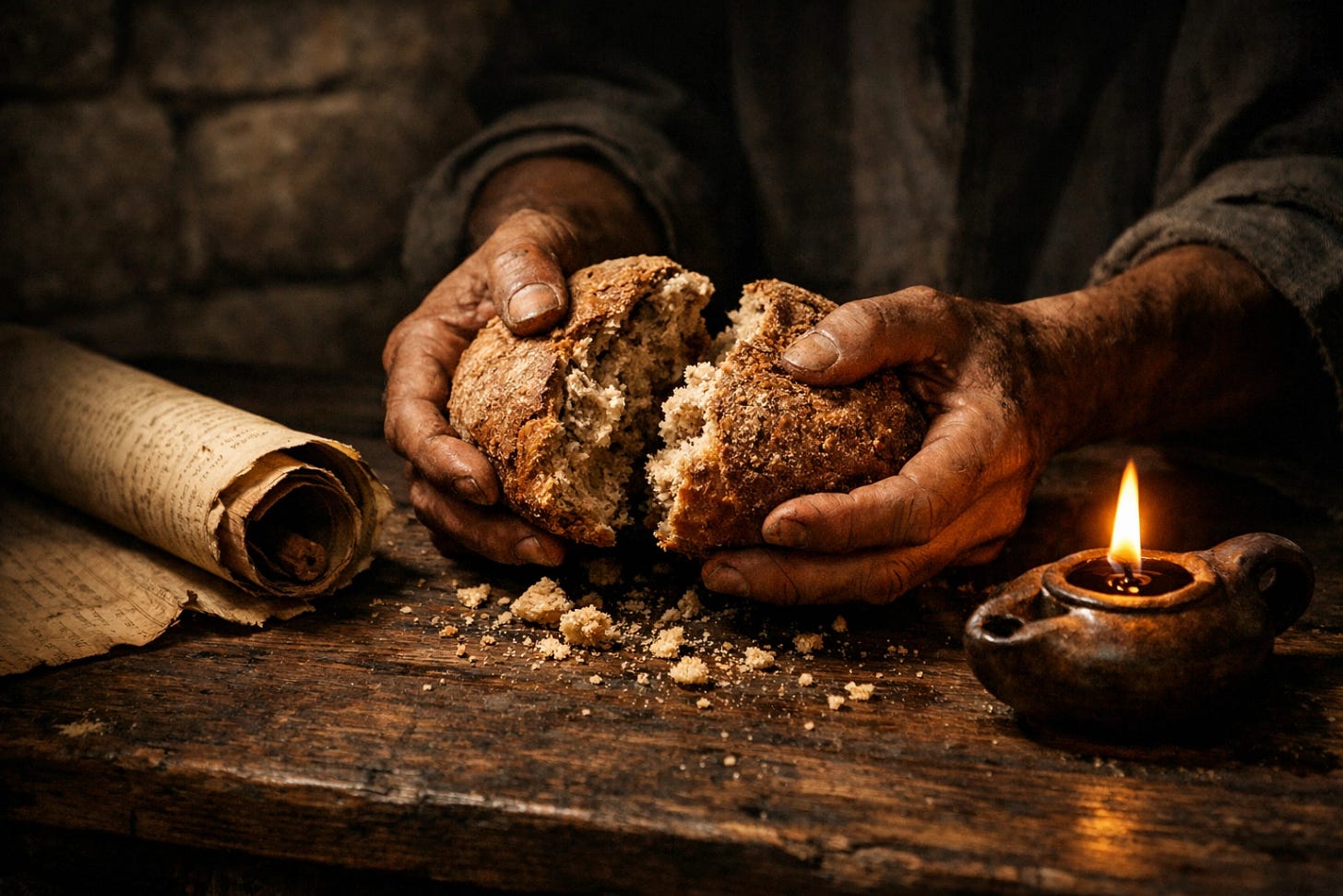 Hands breaking bread on a rustic table with an ancient scroll, representing the Eucharist and Emmaus journey | Dr. Marcus Peter