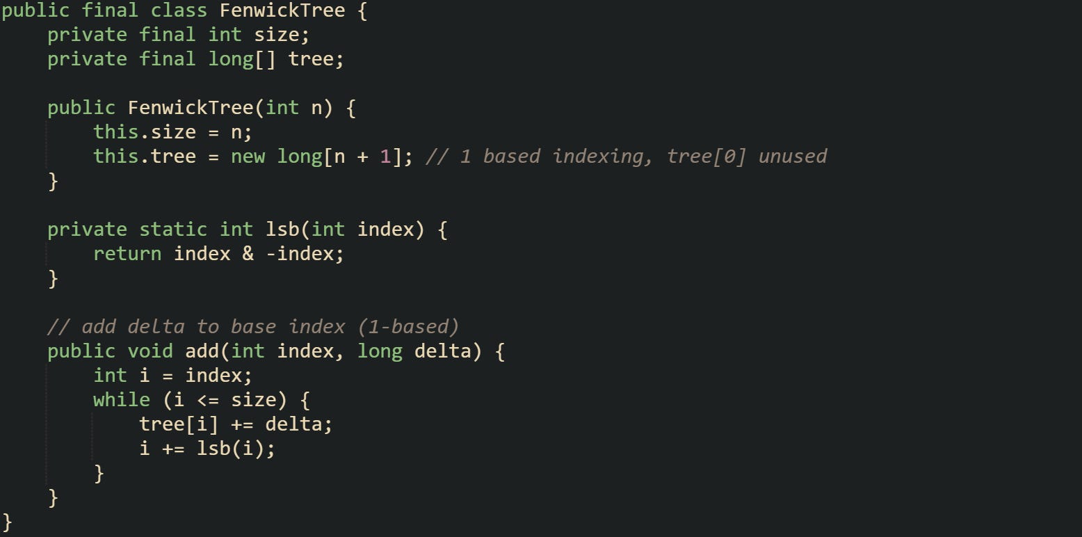 public final class FenwickTree {     private final int size;     private final long[] tree;      public FenwickTree(int n) {         this.size = n;         this.tree = new long[n + 1]; // 1 based indexing, tree[0] unused     }      private static int lsb(int index) {         return index & -index;     }      // add delta to base index (1-based)     public void add(int index, long delta) {         int i = index;         while (i <= size) {             tree[i] += delta;             i += lsb(i);         }     } }