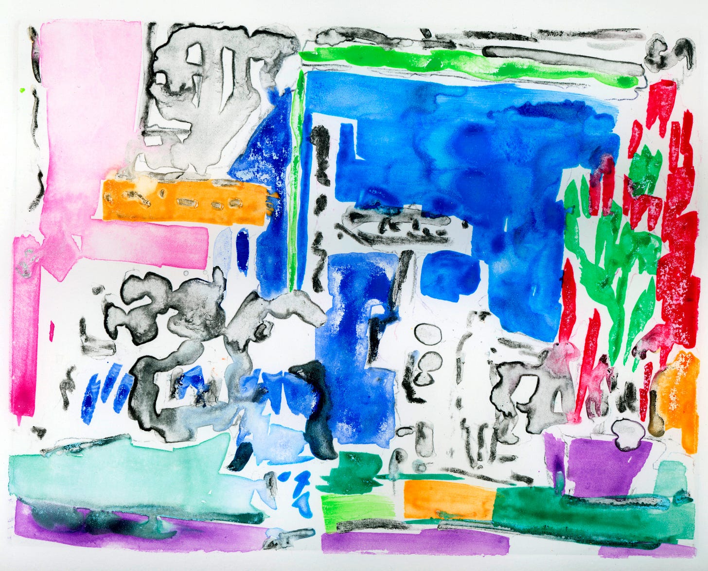 Abstract fields of pink, blue, red, green, orange, red