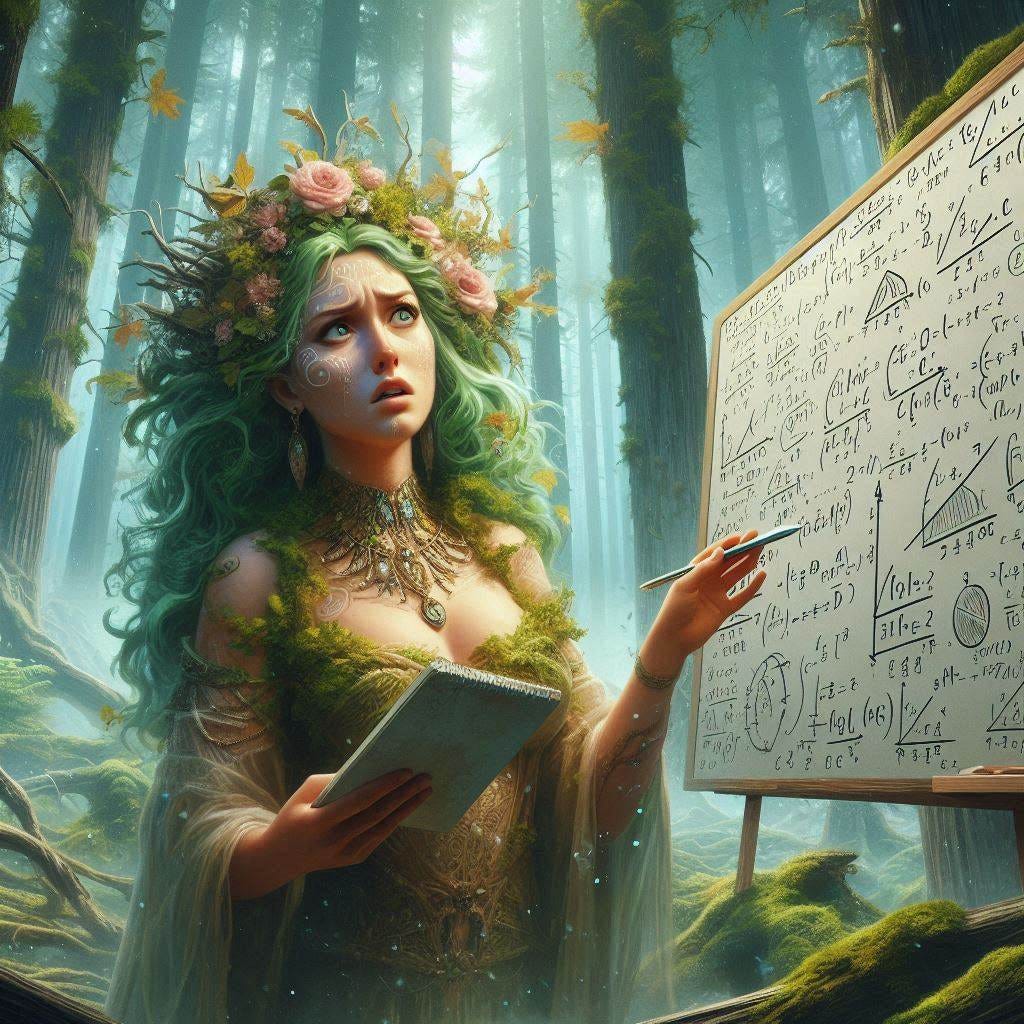 A perplexed Goddess Gaia in her forest looks at a whiteboard full of mathematical formulas about Earth's climate and climate change. Digital Art