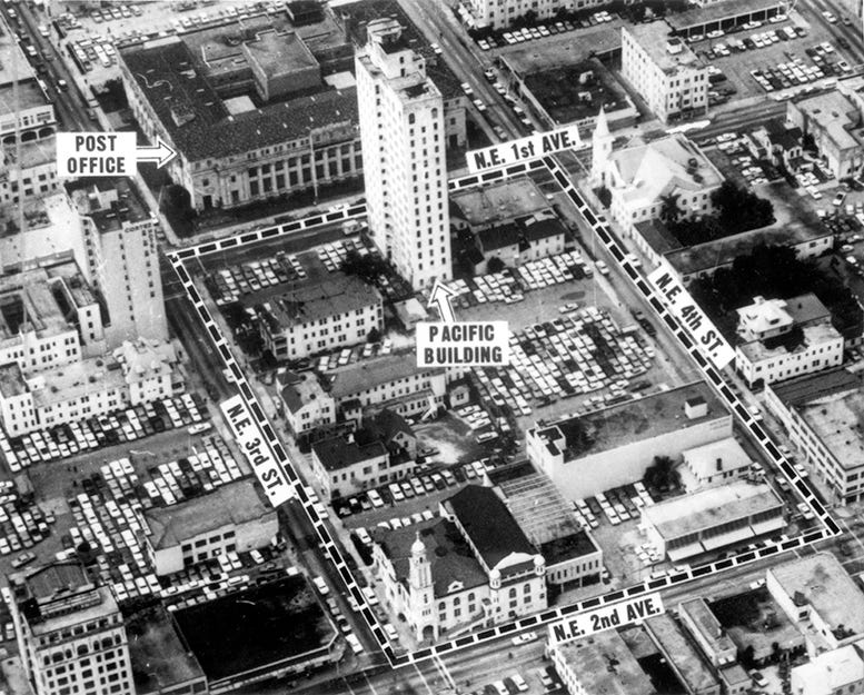 Future footprint of Miami-Dade Junior College building one in downtown Miami