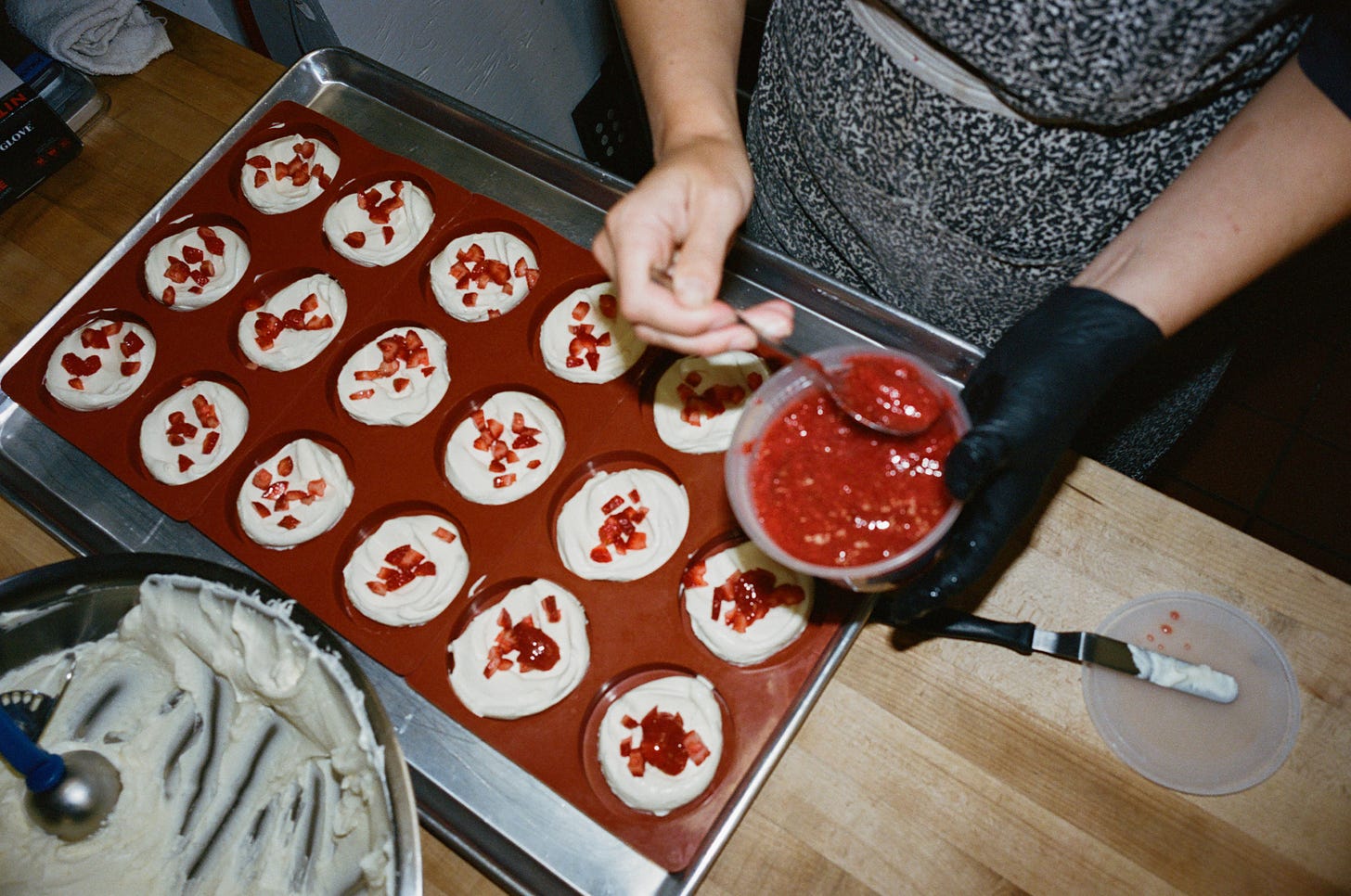 Adding a strawberry ripple to meyer lemon semifreddo