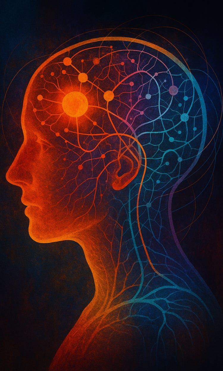 Abstract profile of a human head and upper body in warm orange and cool blue tones, filled with branching network lines and glowing circular nodes, suggesting consciousness, memory, identity, and the gradual structuring of the self.
