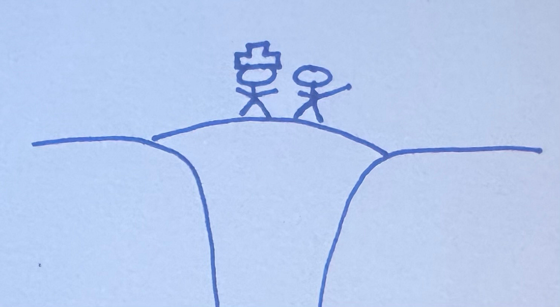 Two stick figures standing together in the middle of a bridge over a chasm