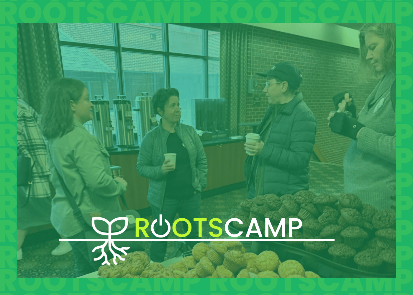 Heather, Heather, Deb, and Erin talking in the MCC Lobby at RootsCamp 2025