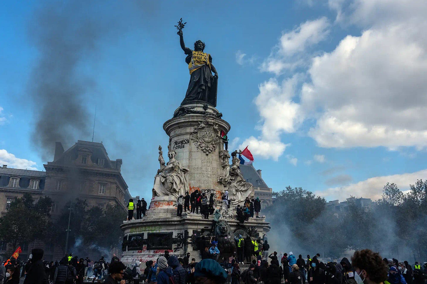  A yellow vest is pictured on the statue of Marianne on the Monument a la Republique