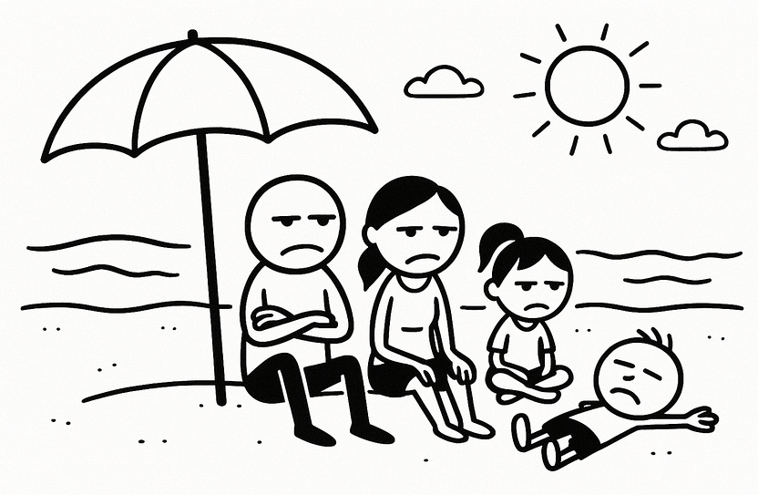 An image of a family lookign miserbale on a beach