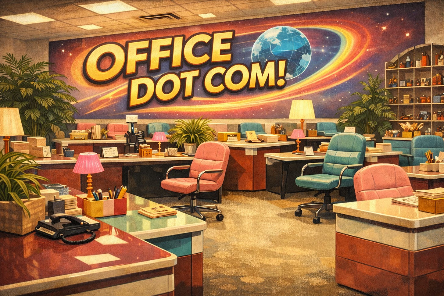 A stylized, painterly illustration of a 1990s-inspired office showroom with maroon and teal desks arranged in rows, chunky CRT monitors, pastel desk accessories, and a massive “OFFICE DOT COM!” sign floating over a cosmic backdrop, rendered with warm textures and exaggerated proportions like a satirical magazine cover about corporate optimism.