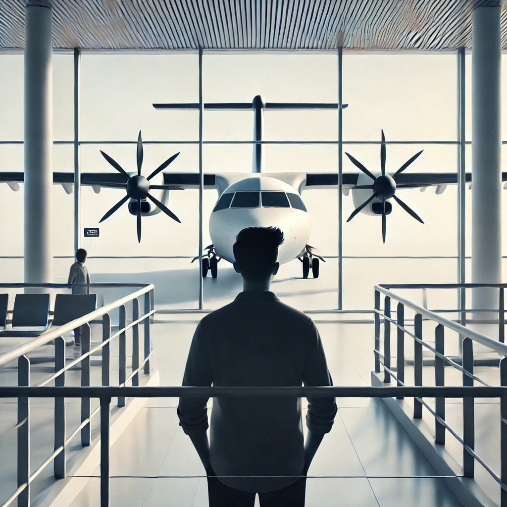 A digital artwork depicting a young man standing in an airport terminal, looking out at a plane through large glass windows. The scene is minimalistic, with a central perspective showing the man from behind. The man appears youthful, with a clean silhouette, and the aircraft outside has propellers visible. The airport interior has simple railings and a clean, bright ambiance.