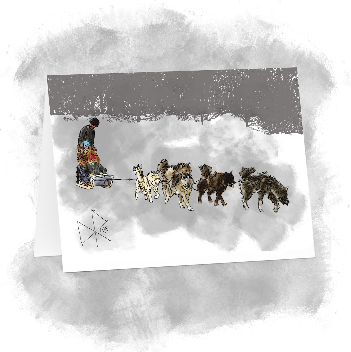 A team of sled dogs blazes a trail as they pull the sled behind them. The musher stands at the back while a man and boy are seated as passengers. Sketch art by Don Rice. A team of sled dogs blazes a trail as they pull the sled behind them. The musher stands at the back while a man and boy are seated as passengers. Sketch art by Don Rice.
