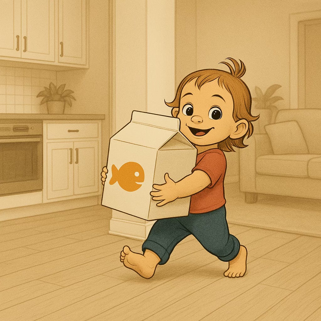 Toddler carries a large snack carton through a modern kitchen, smiling confidently.