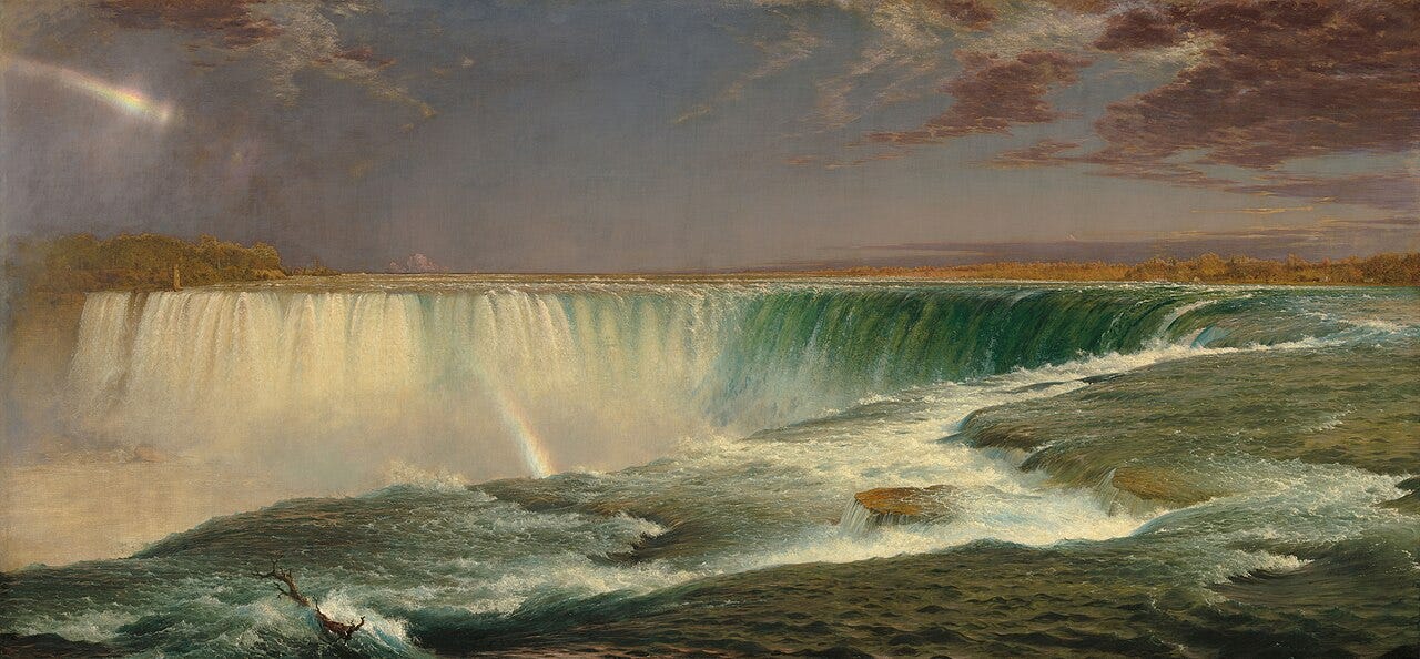Church's wide canvas of Niagara Falls seen from directly above the rushing water Church's wide canvas of Niagara Falls seen from directly above the rushing water