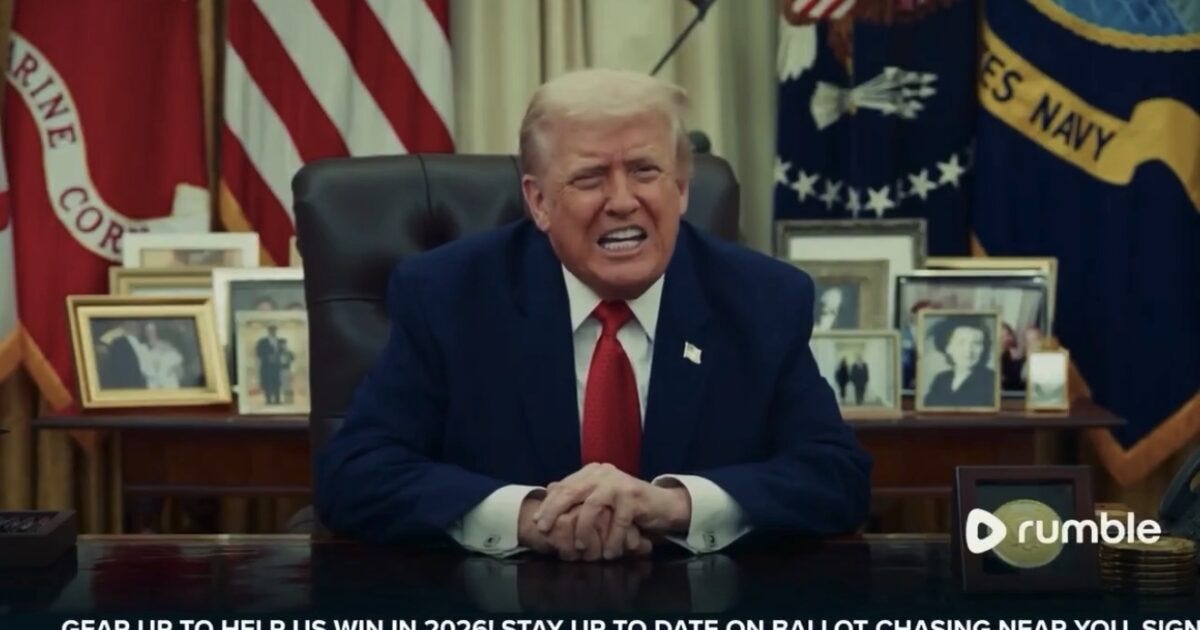 Donald Trump seated at a desk in an office, speaking passionately with flags and photographs in the background.