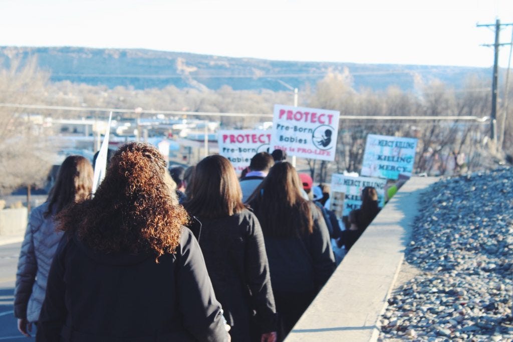 Demonstrators hold signs during the 2018 Farmington Walk for Life.