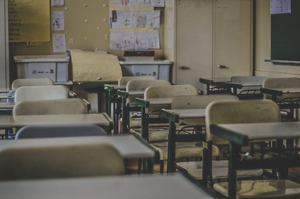 An empty classroom full of old desks.