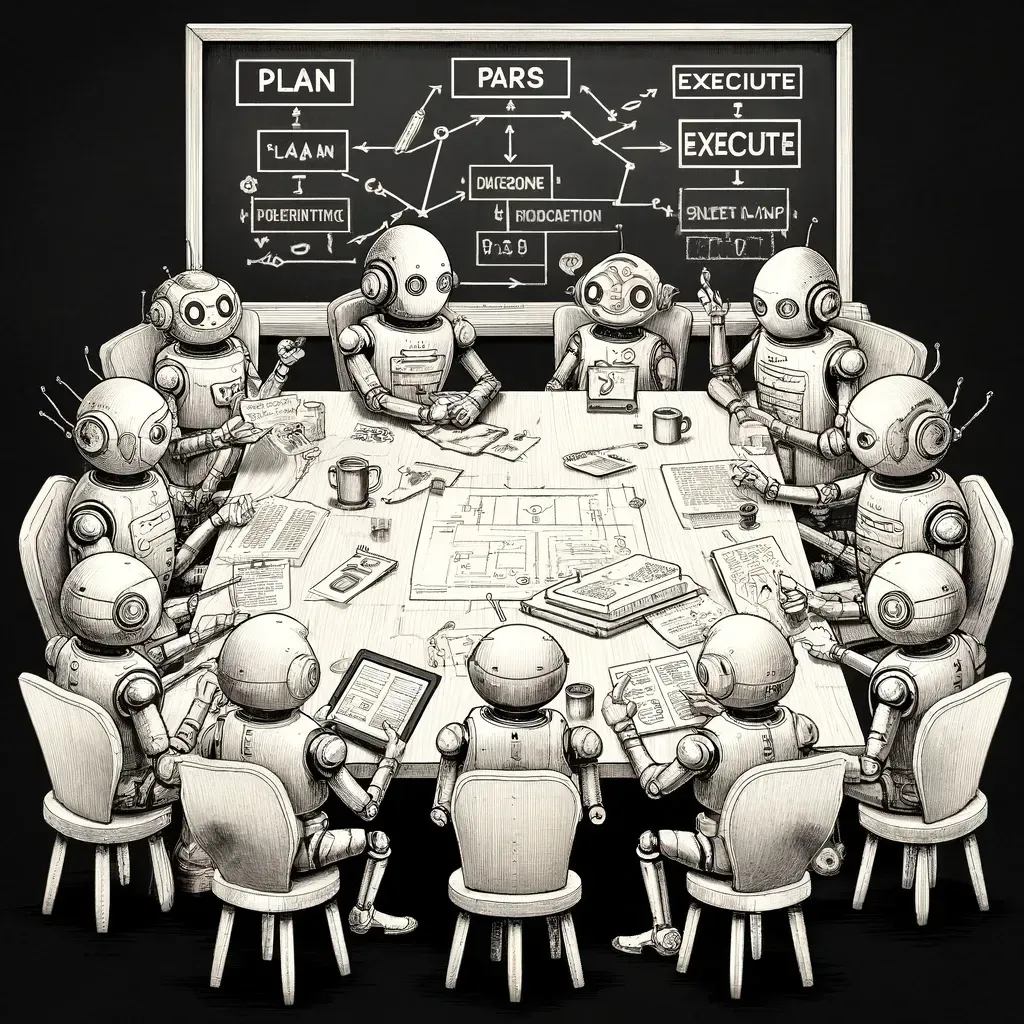 robots in a meeting discussing a flowchart