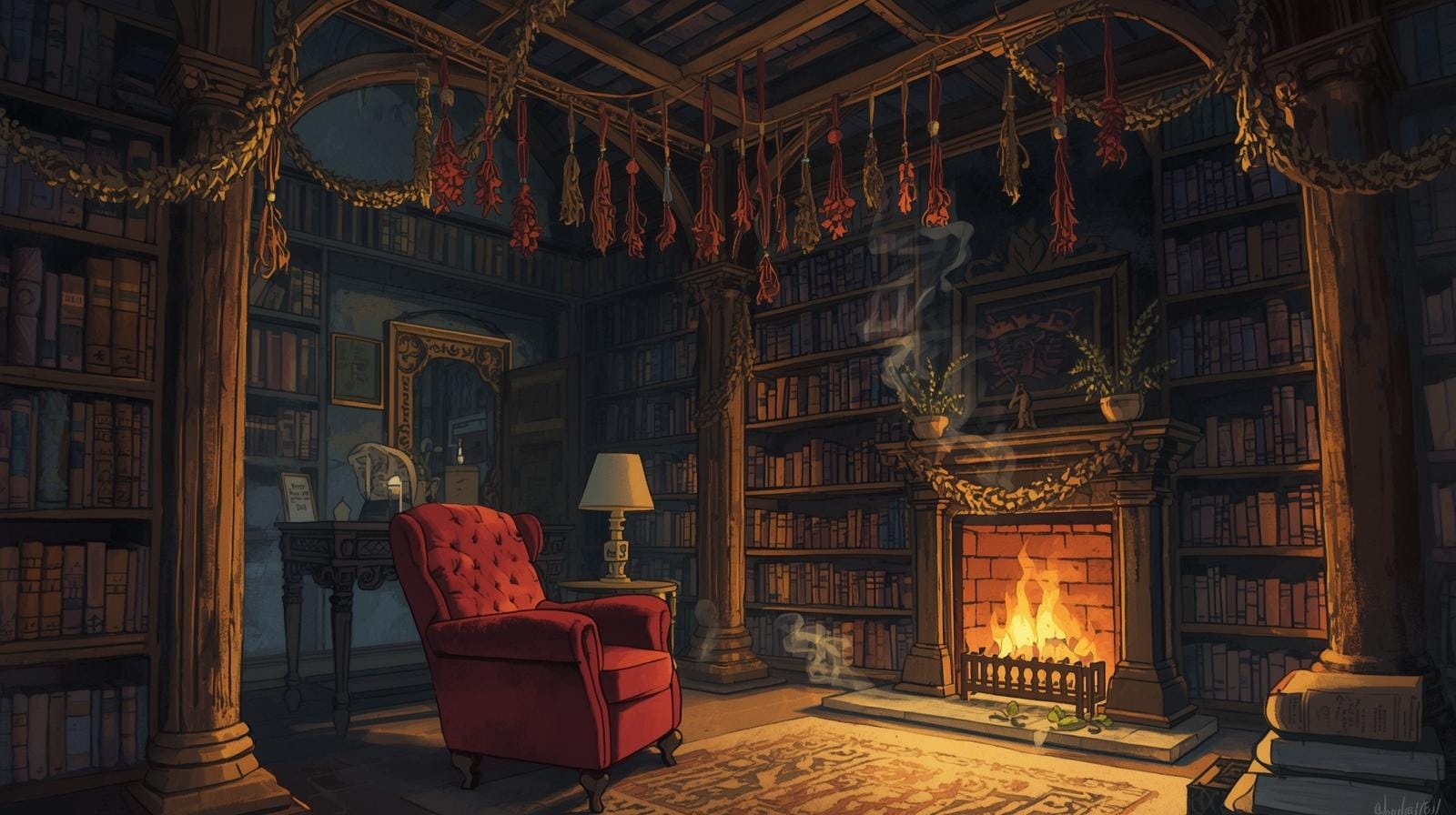A warm, old-world library with candles and firelight illuminating shelves of forgotten magical books.