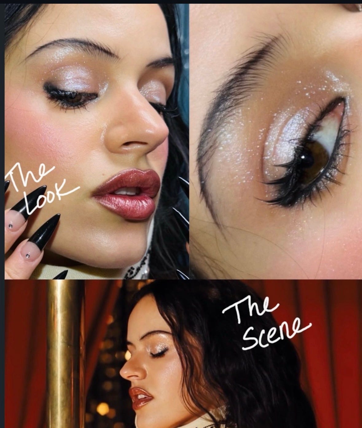 A collage titled ‘The Look’ and ‘The Scene’ featuring Rosalía as her Euphoria character, Magick, showcasing glossy skin, theatrical shimmer, and high-shine metallic lips.