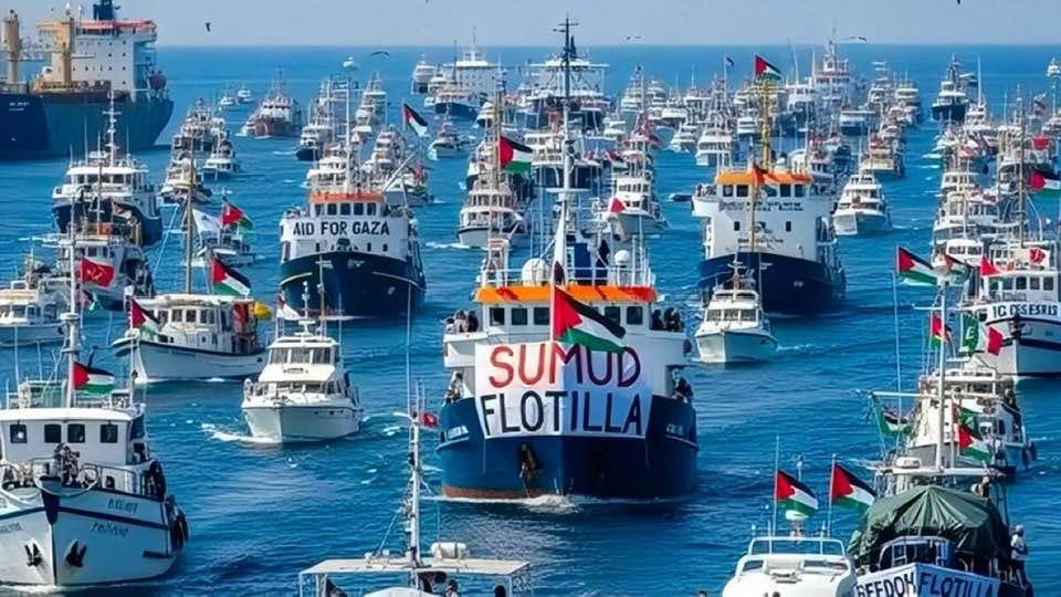 Puede ser una imagen de submarino, barco y texto que dice "AID FOR GAZA SUMUD FL0T FLOTILLA TILLA SEFDOM SEFDOHFLOTILE FLOTI"
