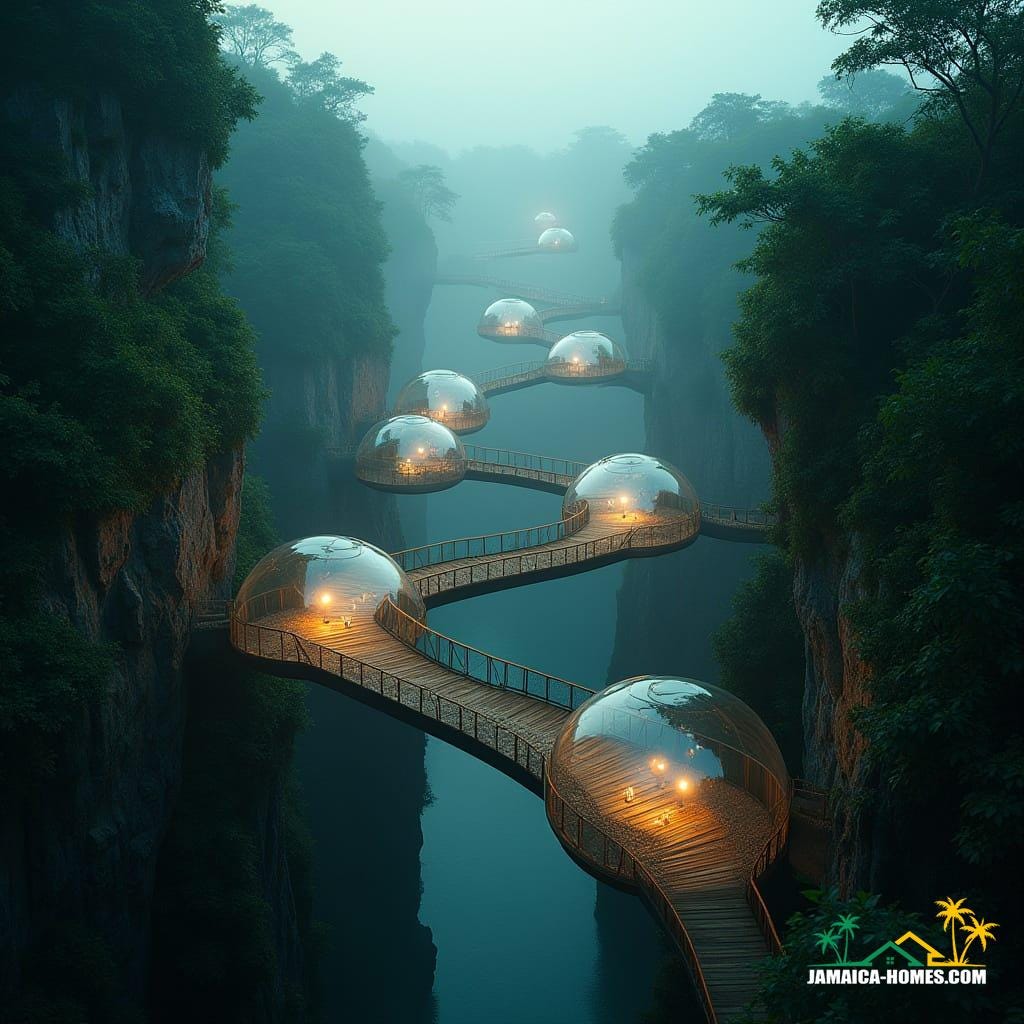 Sky Bridge Villages: Ribbon-like walkways suspended between cliffs, with glass pods that glow softly at night like fireflies above the valleys.