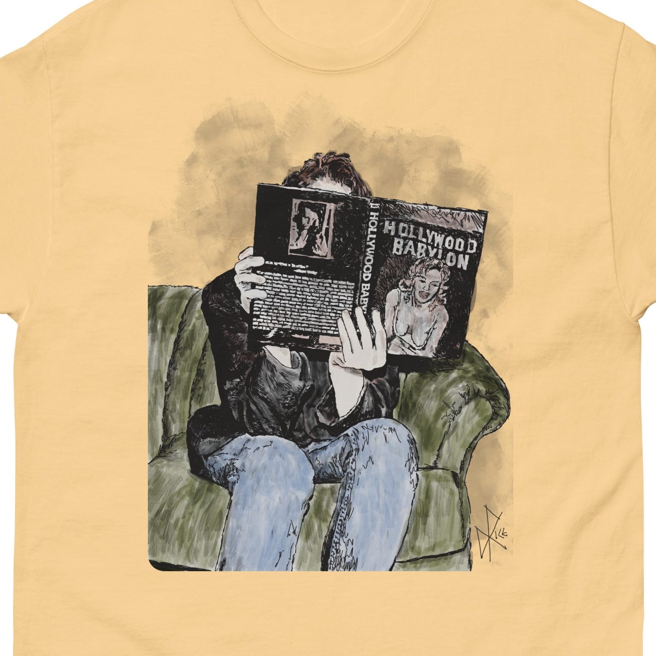 Sitting on the sofa, leafing through the book ‘Hollywood Babylon’. Sketch art by Don Rice. Sitting on the sofa, leafing through the book ‘Hollywood Babylon’. Sketch art by Don Rice.