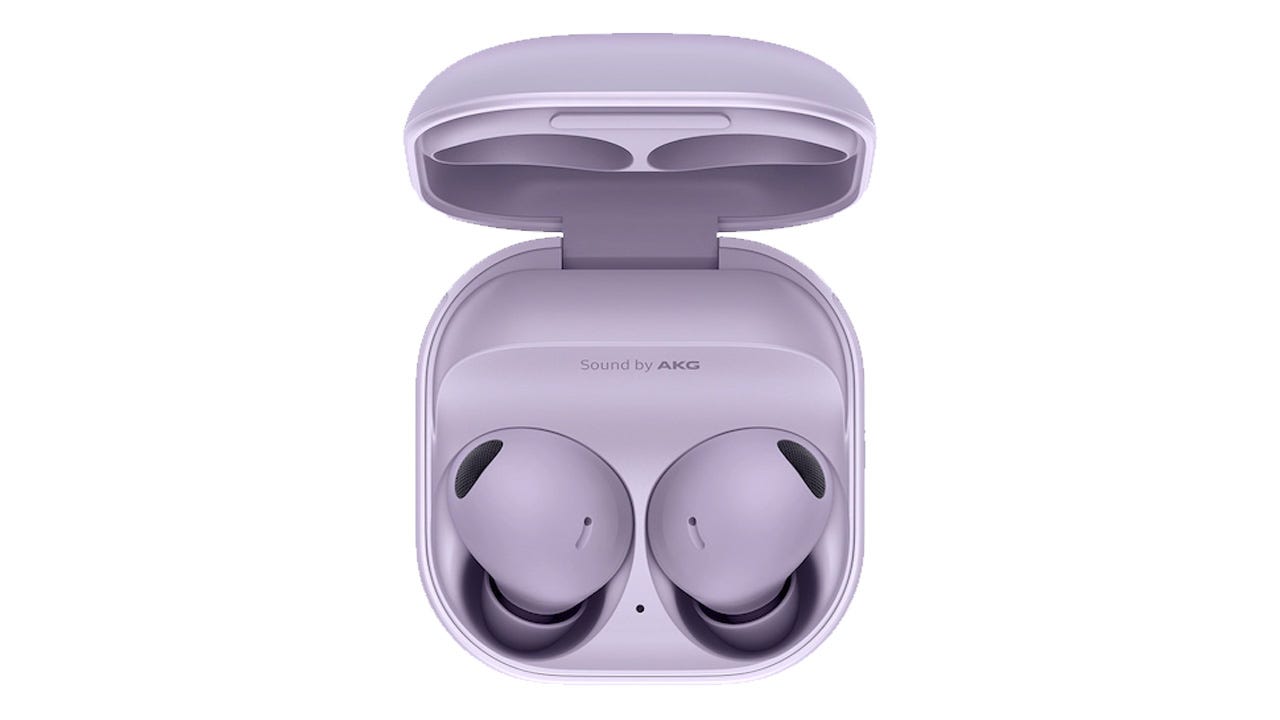 Top-down shot of Bora Purple Galaxy Buds 2 Pro in their case on a white background
