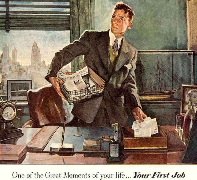 This may contain: a painting of a man in an office with his suitcase and papers on the desk This may contain: a painting of a man in an office with his suitcase and papers on the desk
