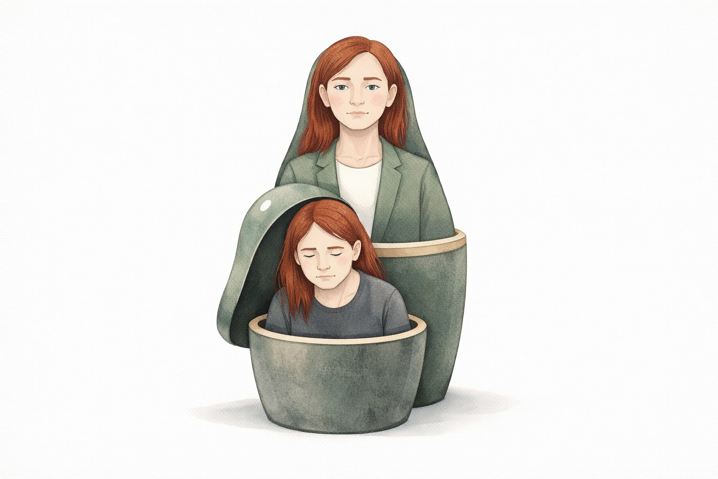 Illustration of a Russian nesting doll representing functional depression. The outer doll shows a professionally dressed woman with a composed expression, while the inner doll reveals the same woman looking exhausted and sad, symbolizing hidden depression beneath a functional exterior. Illustration of a Russian nesting doll representing functional depression. The outer doll shows a professionally dressed woman with a composed expression, while the inner doll reveals the same woman looking exhausted and sad, symbolizing hidden depression beneath a functional exterior.