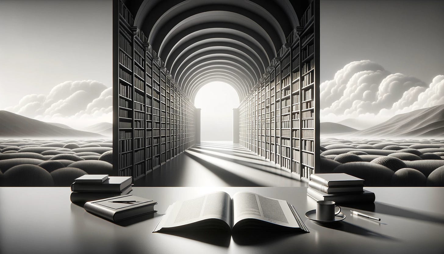 A sophisticated, minimalist landscape illustration, showcasing a vast library with shelves extending into the horizon, symbolizing the breadth of reading. The library is filled with a variety of books, some modern, some classic, representing a wide range of knowledge. In the foreground, an open newspaper rests on a reading table, symbolizing the importance of staying informed with curated, thoughtful news. The scene uses a monochrome palette to maintain elegance and simplicity, with soft lighting casting long, gentle shadows across the library, creating an atmosphere of contemplation and wisdom. This image embodies the idea that reading widely, both current news and classic literature, is essential to being less ignorant in life.