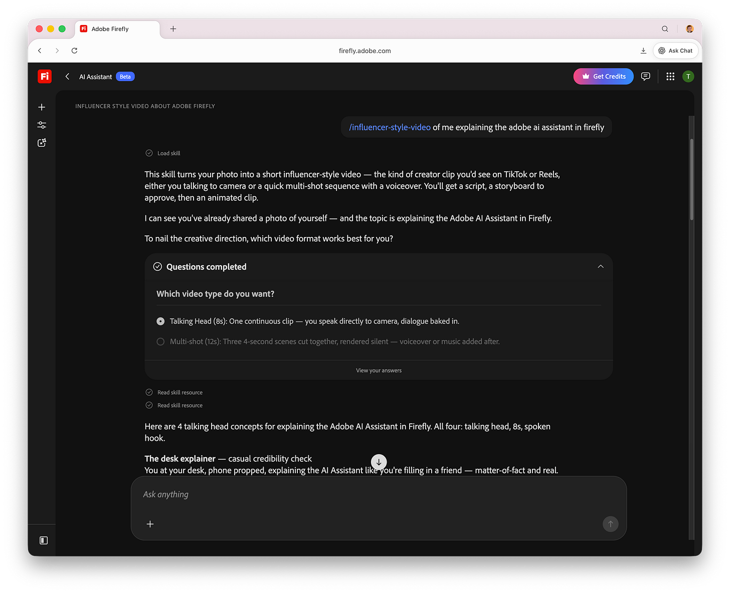 Adobe Firefly AI Assistant showing the influencer-style video skill. The user requests a short video explaining the Firefly assistant, selects an 8-second talking-head format, and the assistant generates video concepts and a storyboard directly inside the chat interface. Adobe Firefly AI Assistant showing the influencer-style video skill. The user requests a short video explaining the Firefly assistant, selects an 8-second talking-head format, and the assistant generates video concepts and a storyboard directly inside the chat interface.