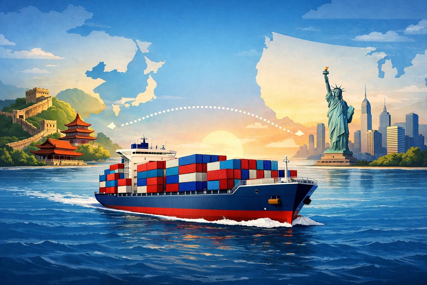 A cargo ship carrying containers sailing across the ocean between China and the USA, with a map showing both countries and a shipping route connecting them.