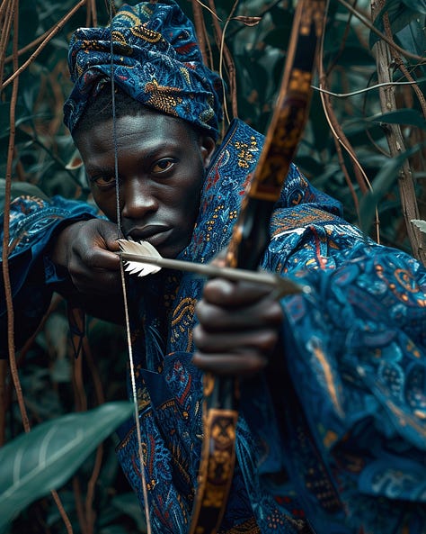 Handsome Muscular Yoruba in Blue regal robes with arrows Stalking in jungle during golden hour, editorial photography