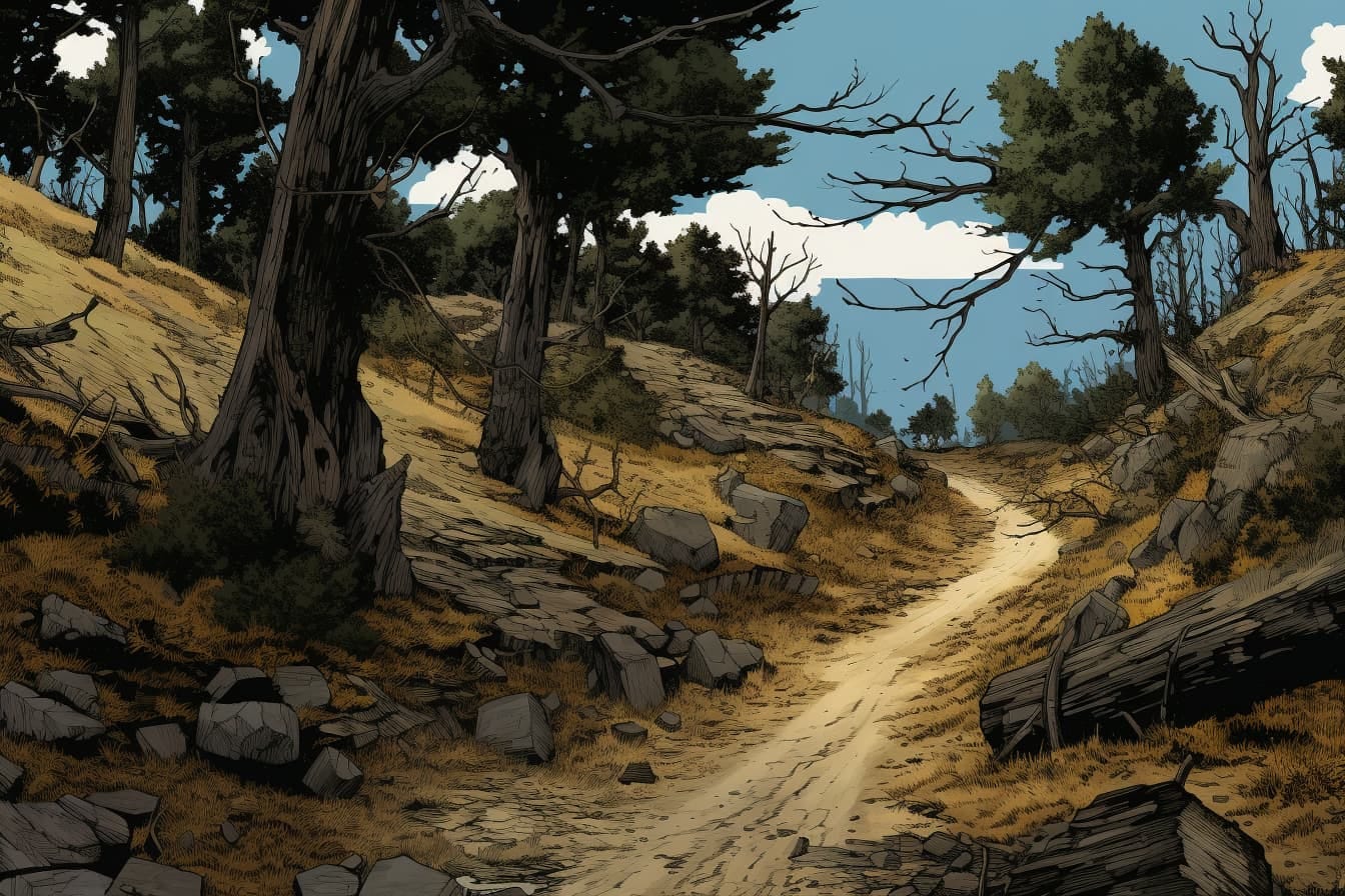 A winding road leading through the wreckage of a forest