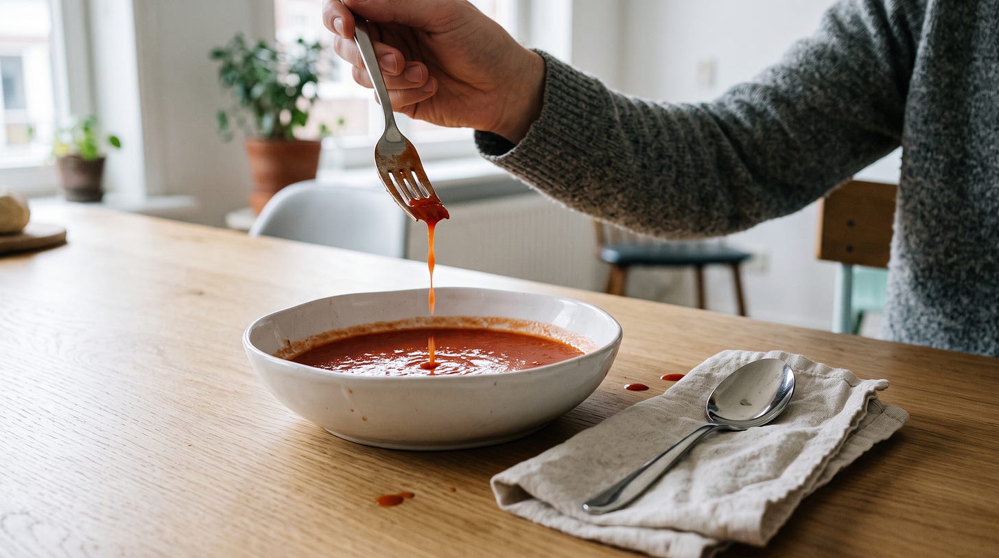 Iemand probeert tomatensoep met een vork te eten terwijl de lepel ongebruikt naast de kom ligt