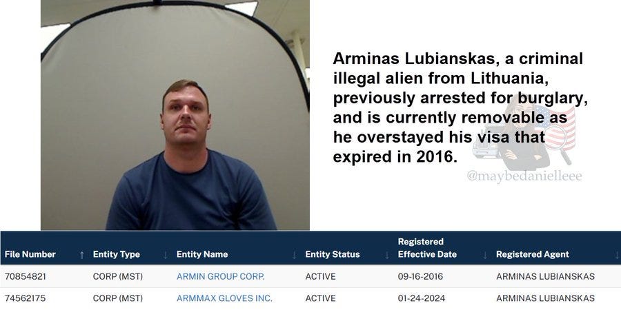 A mugshot of Arminas Lubianskas, a man wearing a blue shirt, standing against a curved background. Below the mugshot, a table lists details about ARMIN GROUP CORP and ARMMAX GLOVES INC, including entity type, name, status, effective date, and registered agent, all labeled as active. A watermark from maybe danielle 💻🚛🇺🇸 (@maybedanielleee) is present.