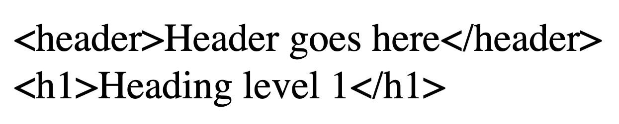 Code snipper showing a header element with "header goes here" text, and a heading level 1 element with heading level 1 text.