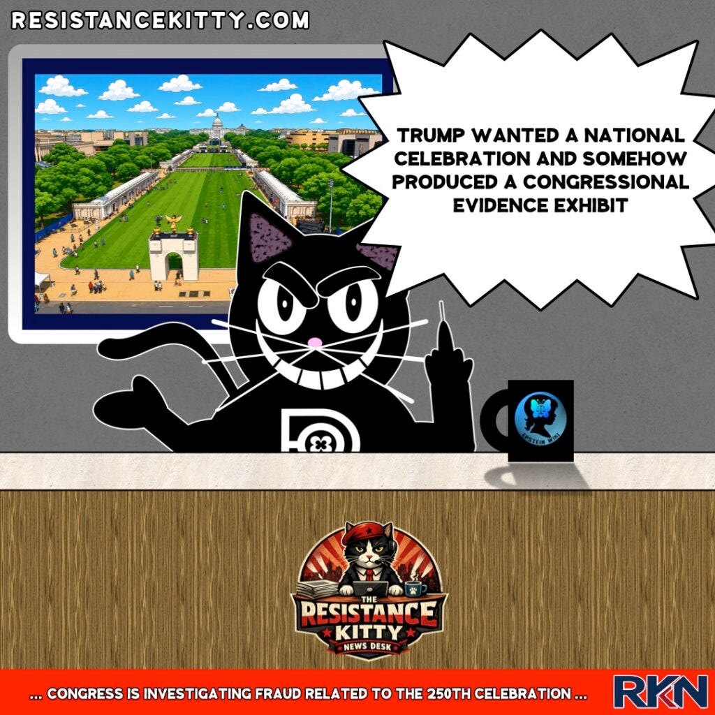 Resistance Kitty says, “Trump wanted a national celebration and somehow produced a congressional evidence exhibit” Resistance Kitty says, “Trump wanted a national celebration and somehow produced a congressional evidence exhibit”