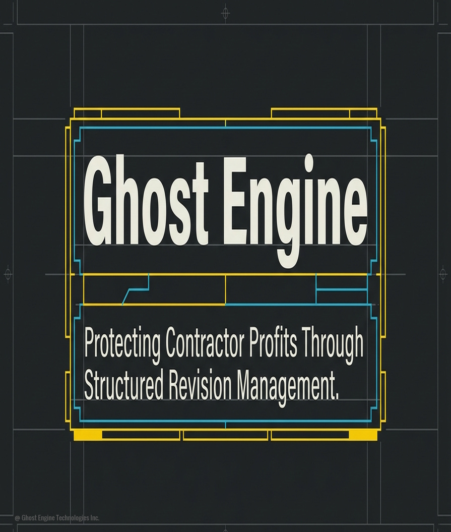 A dark, blueprint‑style interface with thin yellow and blue geometric lines resembling technical schematics. Centered white text reads “Ghost Engine,” with a subtitle underneath: “Protecting Contractor Profits Through Structured Revision Management.” A small NotebookLM logo appears in the bottom‑right corner.