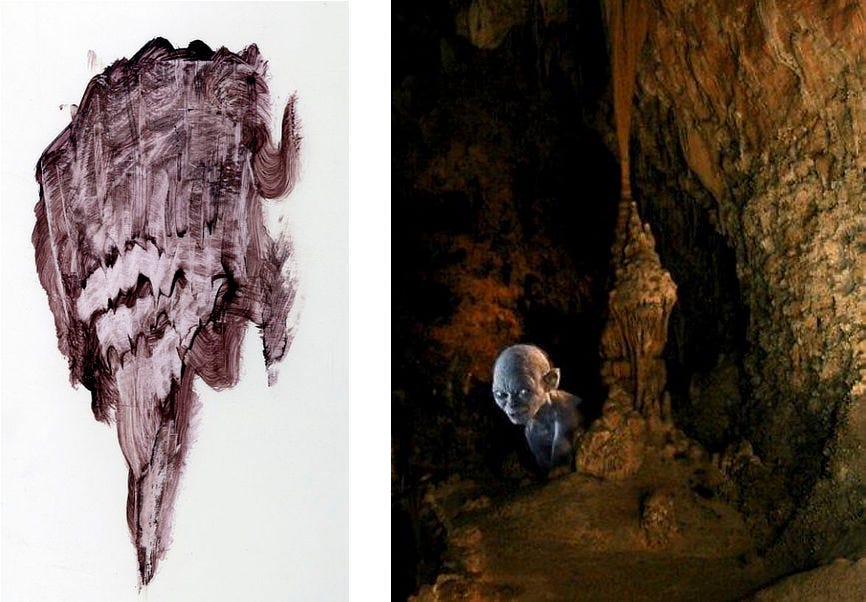 LEFT: experimental rendering of a stalactite made of smeared paint drawn down to a point. RIGHT: Photo of a dark cave with Gollum from The Lord of the Rings photoshopped in peeking out from behind a stalagmite. The texture of the stone is rough, mixed in color from yellow to rust.