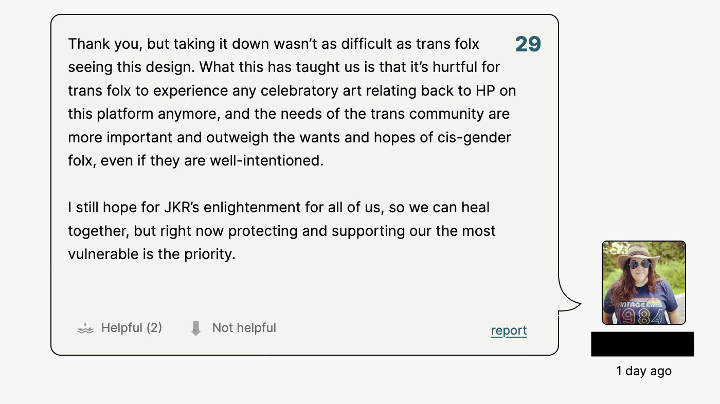 Comment by the sweater designer in reply to someone praising her for removing the pattern. Full text in essay. Comment by the sweater designer in reply to someone praising her for removing the pattern. Full text in essay.