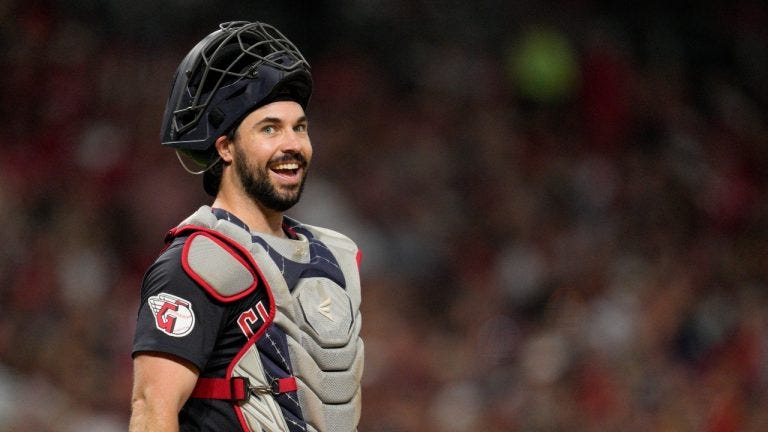 Cleveland Guardians catcher Austin Hedges reacts after Cincinnati Reds' TJ Friedl was out on a bunt to end the seventh inning of a baseball game in Cincinnati, Wednesday, June 12, 2024. (Jeff Dean/AP)