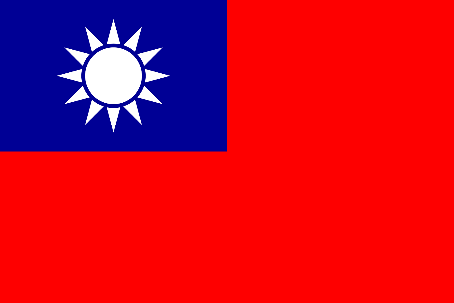 A red flag, with a small blue rectangle in the top left hand corner on which sits a white sun composed of a circle surrounded by 12 rays.